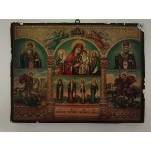 26 - Six modern Russian Icons, prints on wooden panels, some with Cyrillic inscriptions. (6) Largest 40cm... 