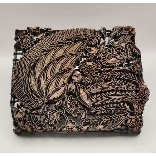 50 - A pair of Indonesian copper batik ink printing blocks, decorated with foliage and flowerheads. (2) A... 