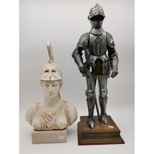 70 - A miniature model of a suit of armour and a longsword, on a square wooden plinth; together with a pl... 