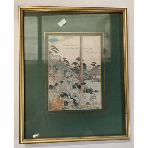 73 - Four Japanese coloured woodblock prints on textured paper, 20th Century, framed, including titled ex... 