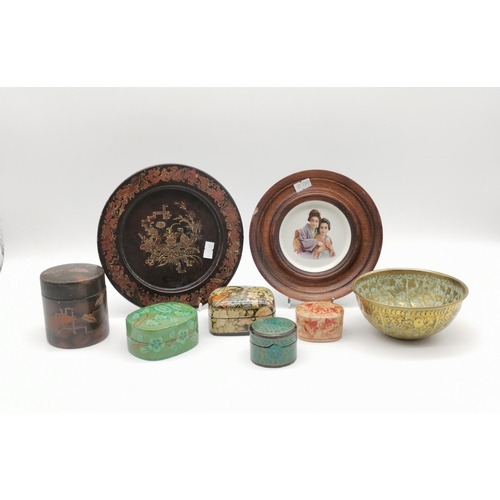 76 - A collection of oriental wares, including various papier-mâché trinket boxes, a middle eastern brass... 