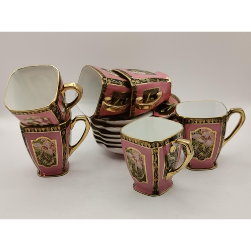 83 - Vintage Pink and gold floral Noritake coffee set  - 6 cups and saucers plus x2 miniature cups and sa... 