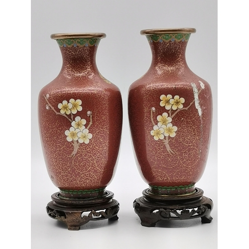 84 - A pair of cloisonné vases with stands H20cm