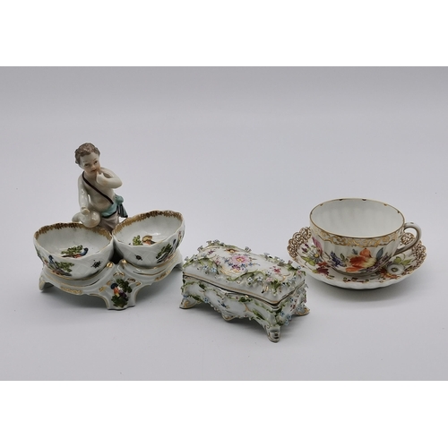 87 - A group of assorted floral porcelain, including a late 19th Century figural cruet by Helena Wolfsohn... 