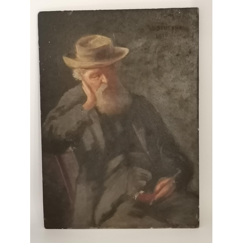 252 - Continental School, early 20th Century, Portrait of an old man smoking a pipe, oil on board, signed ... 