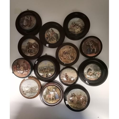 259 - A collection of thirteen Prattware pot lids, framed, including 'The Cavalier', 'Sandringham, The Sea... 