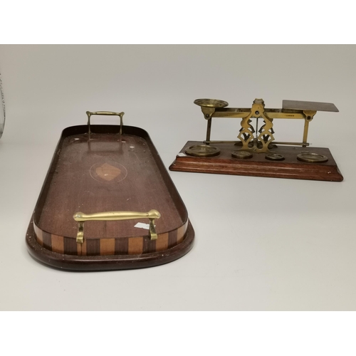 264 - Edwardian Inlaid Mahogany slender drinks tray with original border and Brass carry handles with marq... 