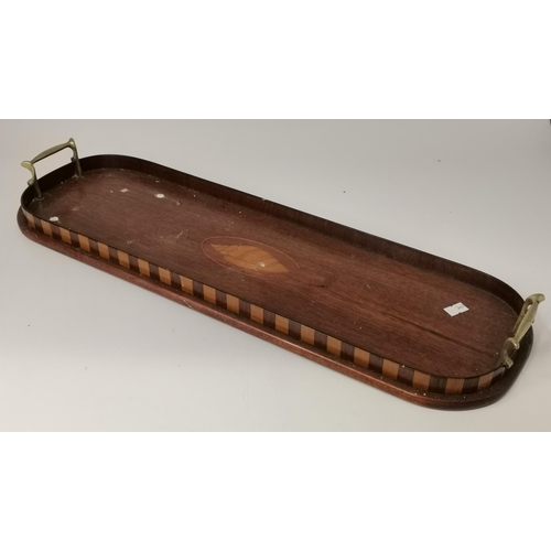 264 - Edwardian Inlaid Mahogany slender drinks tray with original border and Brass carry handles with marq... 