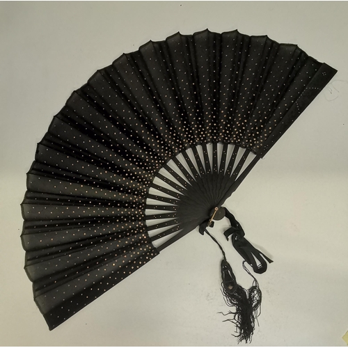 272 - Antique Fan from J Duvelleroy London in original box. Black with gold spots D66cm when opened.