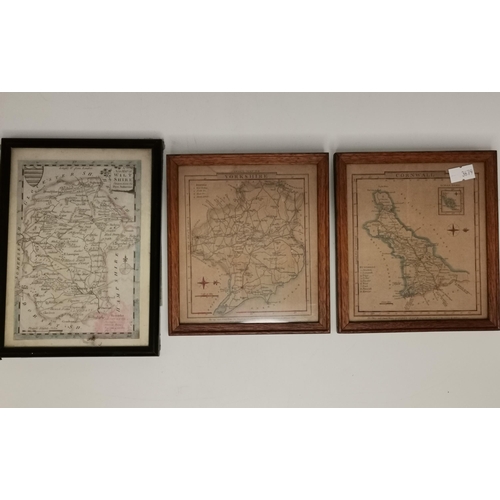 278 - Three antique miniature hand-coloured maps, of Yorkshire, Cornwall, and Wiltshire, each framed. (3) ... 