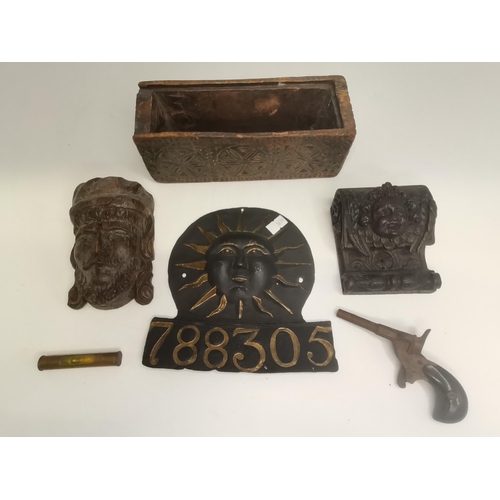 279 - A miscellaneous lot, including a Sun Insurance Co lead fire mark, late 18th/early 19th Century, no.7... 