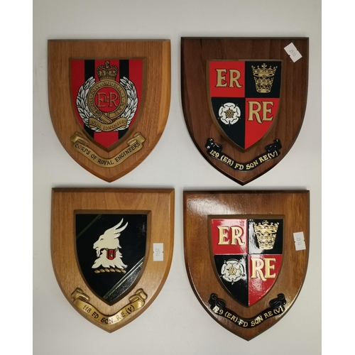 282 - Corps of Royal Engineers, four wooden shield plaques, two with name banners to '129 (ER) FD SQN RE (... 