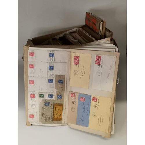 290 - Stamps: An assortment of sheets, albums, First Day Covers, postcards, etc. (One box)