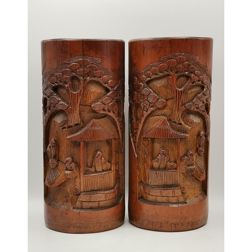 327 - A Pair of Antique hand carved bamboo brush pots H22cm, carved wood ashtray in shape of frog plus Ant... 