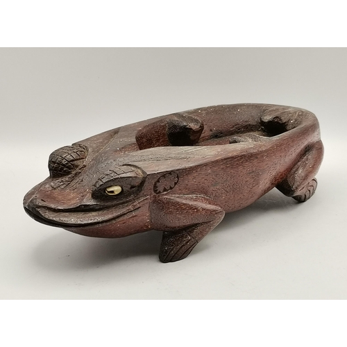 327 - A Pair of Antique hand carved bamboo brush pots H22cm, carved wood ashtray in shape of frog plus Ant... 