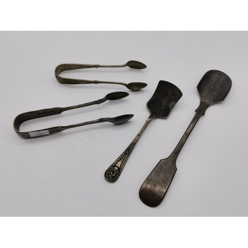 337 - A small group of silver-plated flatware including sugar tongs, salad servers, a preserve shovel spoo... 