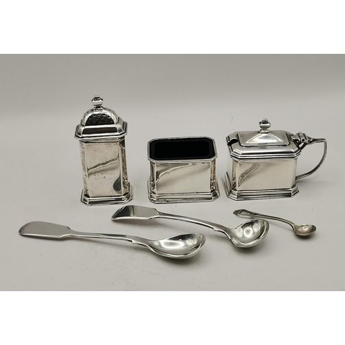 393 - An Art Deco silver three-piece cruet set by Elkington & Co Ltd, Birmingham 1936 and 1937, comprising... 