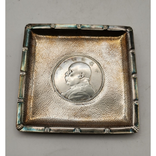 401 - An early 20th Century Chinese sterling silver coin pin dish, square with bamboo moulded edge and sti... 