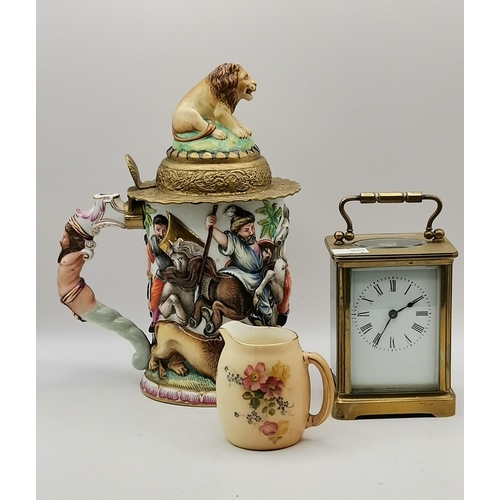 405 - Brass carriage clock, Royal Worcester jug and Capo di monte style beer stein tankard