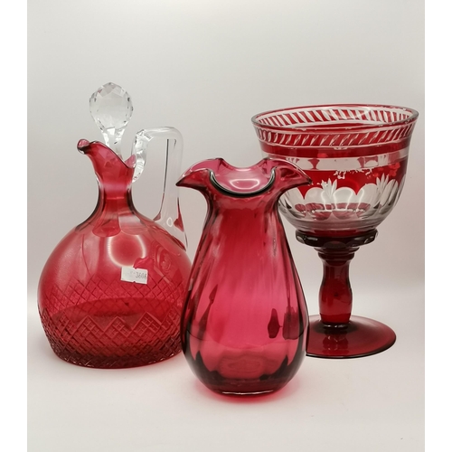 406 - Cranberry glassware including vase, Cranberry Glass Oval Decanter with stopper plus Bohemian Ruby fl... 