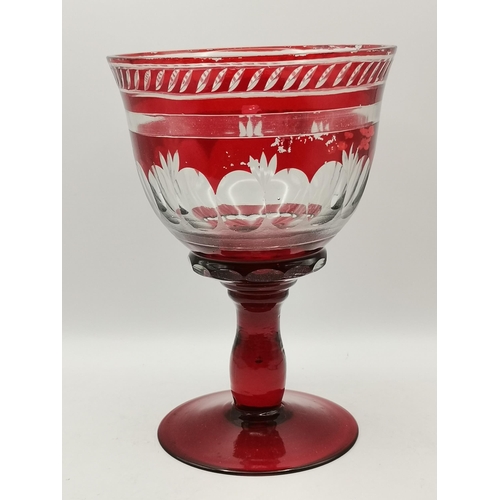 406 - Cranberry glassware including vase, Cranberry Glass Oval Decanter with stopper plus Bohemian Ruby fl... 