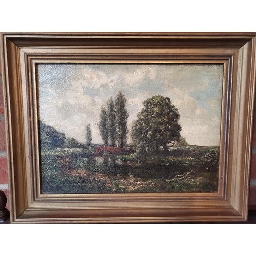 724 - British School, 20th Century, Figure crossing a bridge beside an oak and cypress trees, oil on canva... 