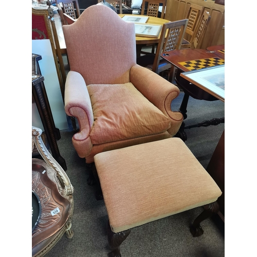 729 - William & Mary upholstered walnut framed armchair, on carved supports with scroll front feet, joined... 