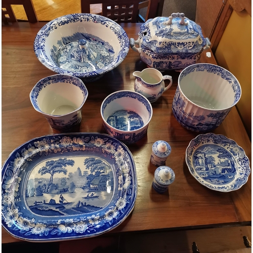 730 - A quantity of assorted blue and white table wares, mostly marked Spode, including a meat platter, wa... 