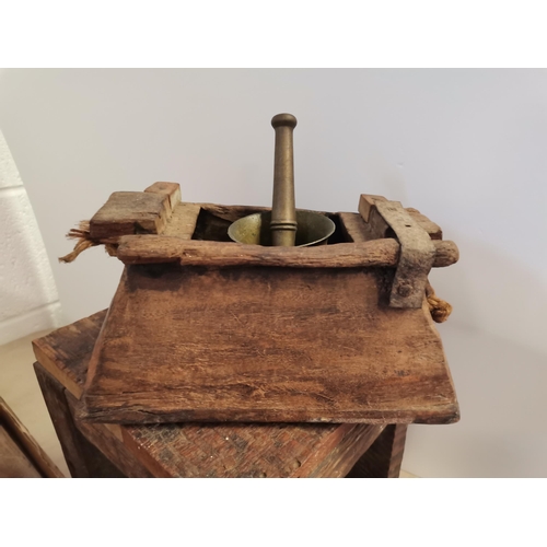 744 - Vintage wooden and brass items incl antique wooden bucket, large keys, carving etc