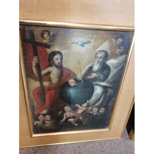 109 - Spanish School, 19th Century, The Holy Trinity, oil on canvas, laid on board, framed. 48cm by 37.5cm... 