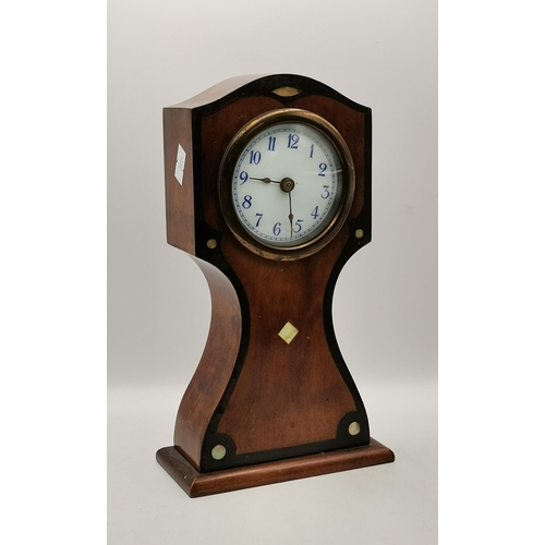 78 - Edwardian Art Nouveau tulip-shaped mantel clock Mahogany case with satinwood inlay and mother of pea... 