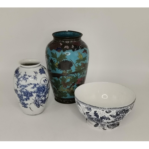92 - Cloisonne Vase, German Royal Bonn Blue and white bowl plus Blue and white vase
