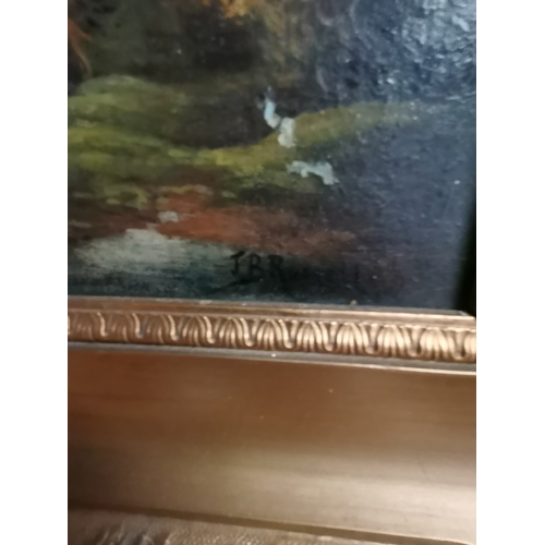 695 - Scottish School, 19th Century, Woman walking with dogs along a wooded road, oil on board, signed J B... 