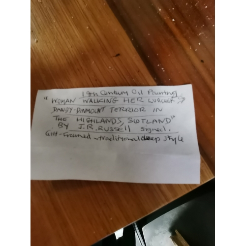 695 - Scottish School, 19th Century, Woman walking with dogs along a wooded road, oil on board, signed J B... 