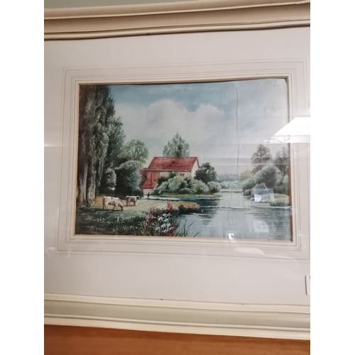 696 - A Pair of Framed watercolours depicting a rural waterscape with mill 49.5cm x 43cm (in frame) no vis... 