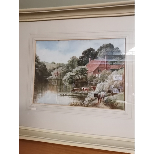 696 - A Pair of Framed watercolours depicting a rural waterscape with mill 49.5cm x 43cm (in frame) no vis... 