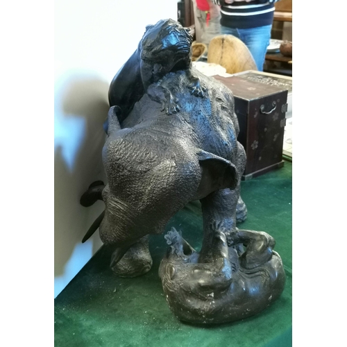 41 - Large Sculpture of an Elephant being attacked by two tigers, Bronze and other materials