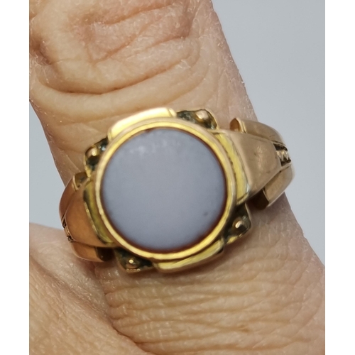 436 - A Victorian 15 carat gold signet ring, inset with plain circular hardstone matrix to a shaped mount ... 