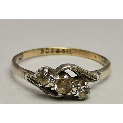 442A - Four 9 carat gold gem-set rings, variously set with white and blue stones, including three-stone cro... 