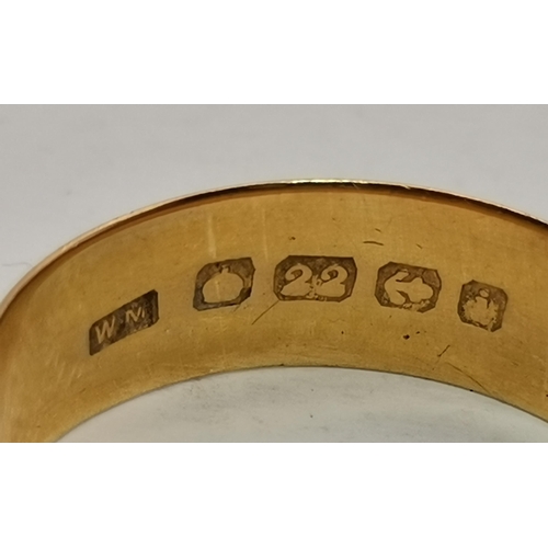 456A - A 22 carat gold broad band ring, hallmarked Birmingham. Ring size S, 5.5g