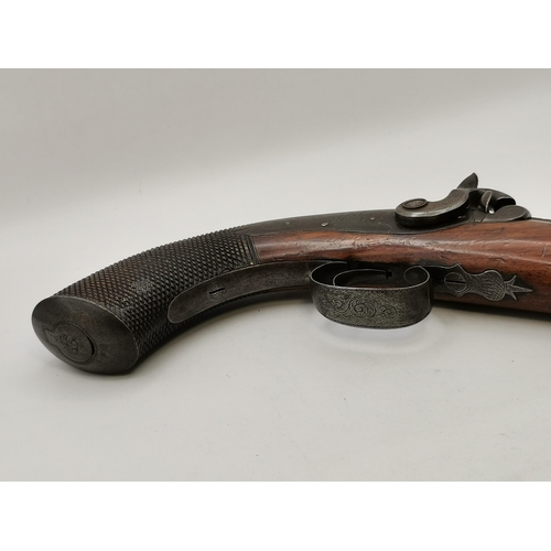 469 - A 19th Century percussion travelling pistol, signed POWELL SHEFFIELD to lockplate, with scrolling fo... 