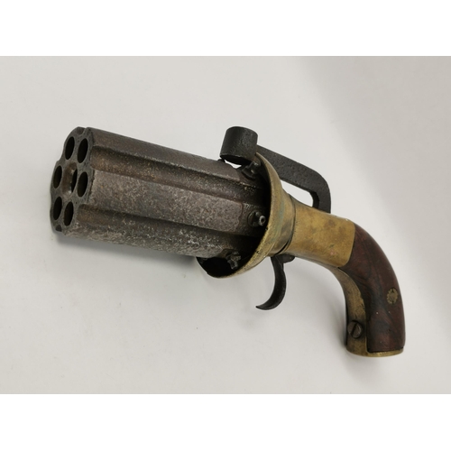 472 - An antique pepperbox six-shot percussion revolving pistol, unmarked, with brass furniture, (a/f). 4.... 