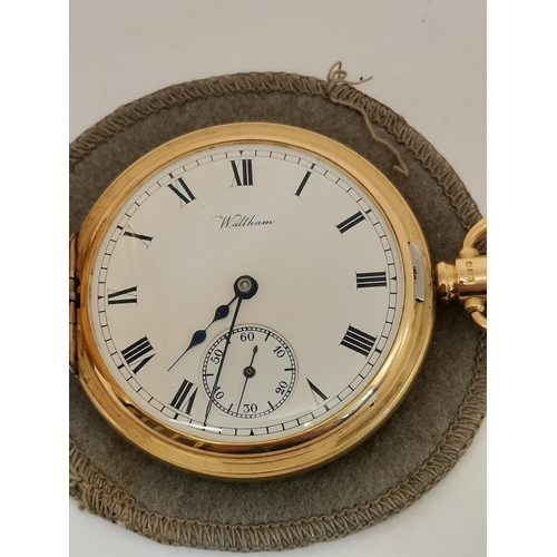 487A - A 15 carat gold half-hunter pocket watch, the white enamel dial signed Waltham, with black Roman num... 