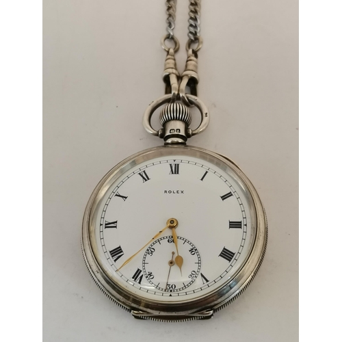 488A - Rolex: A George V silver-cased open-face pocket watch, the white enamel dial signed Rolex, with gilt... 