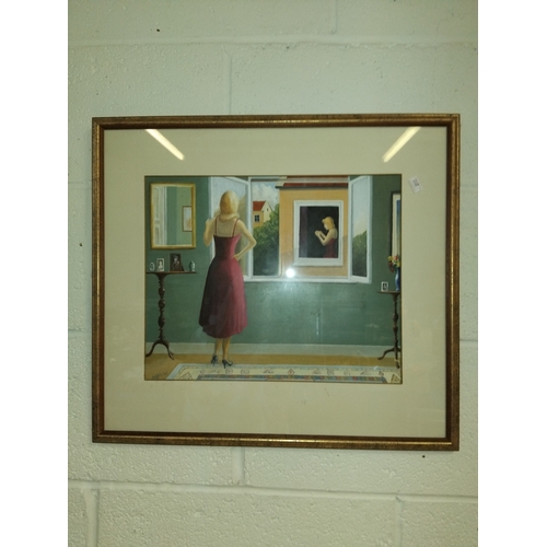 732 - x2 framed pictures of ladies plus wood framed mirror