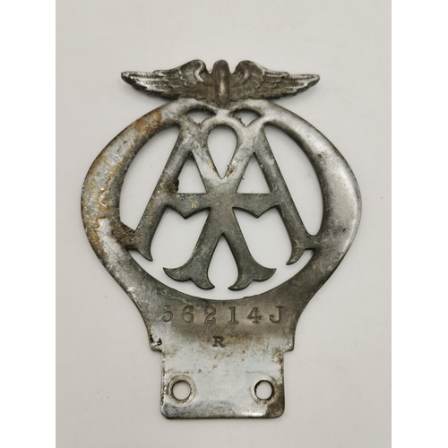 510 - A vintage AA chrome car badge, late 1930s (1939), issuing number 56214J. 12.4cm high overall