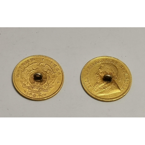 512A - Two South African 1/2 Pond gold coins, 1896 and 1897, as buttons, each with loop applied to one side... 