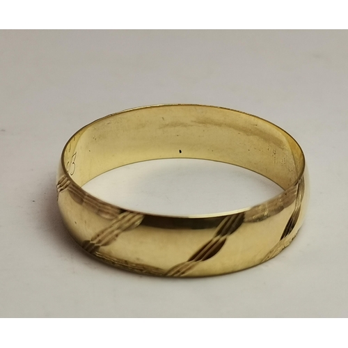 536A - Two 9 carat gold rings, the first a bulbous band with engraved diagonal decoration, ring size V; the... 