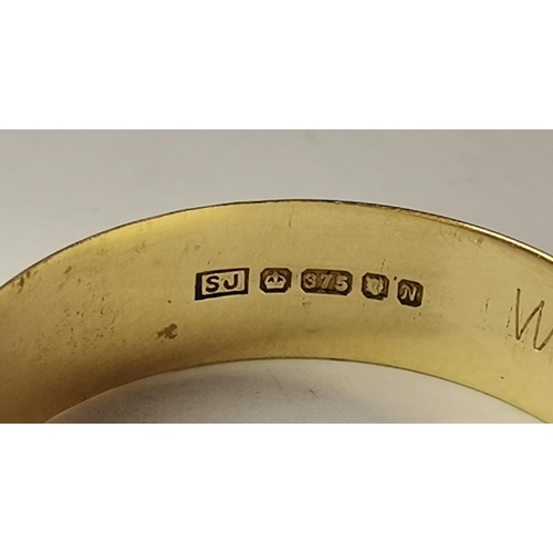 536A - Two 9 carat gold rings, the first a bulbous band with engraved diagonal decoration, ring size V; the... 