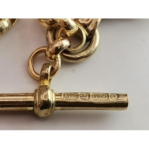 547A - A 9 carat gold Albert with T-bar and fob seal, all hallmarked 375. Chain 19cm long, 11.3g gross